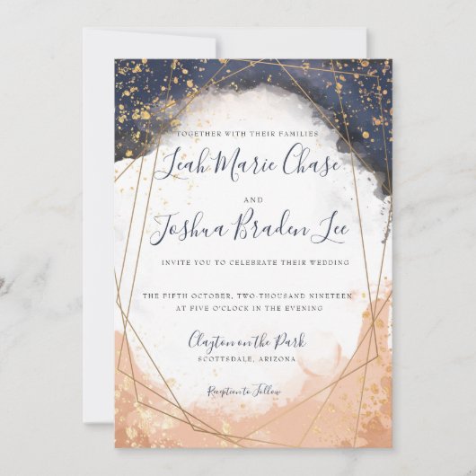 Waterverf Modern Indigo Blue en Roos Faux Gold Kaart (Voorkant)