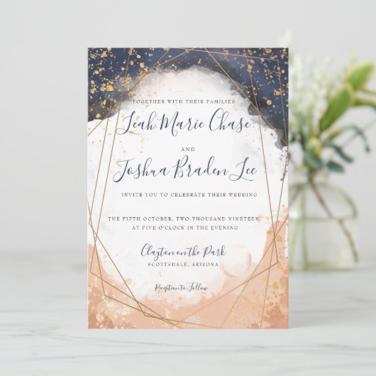 Waterverf Modern Indigo Blue en Roos Faux Gold Kaart (Staand voorkant)