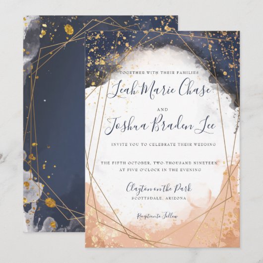 Waterverf Modern Indigo Blue en Roos Faux Gold Kaart (Voorkant / Achterkant)