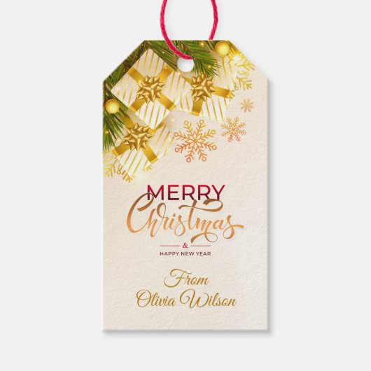 Waterverf Modern Kerstmis, Goud & Burgundy Cadeaulabel (Voorkant)
