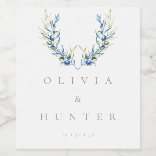 Waterverf Modern Olive Branch Bruiloft Wijn Etiket (Enkel label)