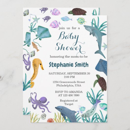 Waterverf Modern Onder het Zee Baby shower Kaart (Voorkant / Achterkant)