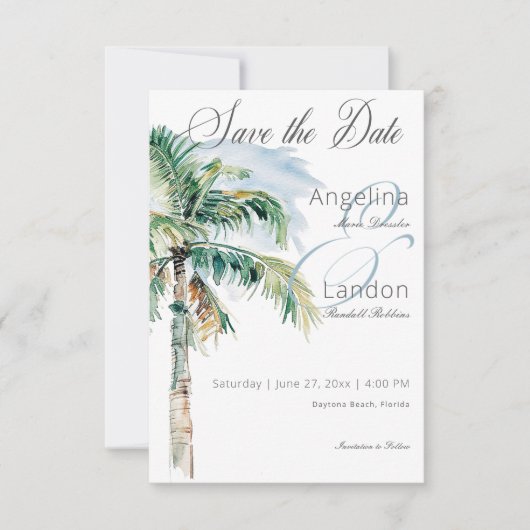 Waterverf Modern Palms & Beach Scene Save The Date (Voorkant)