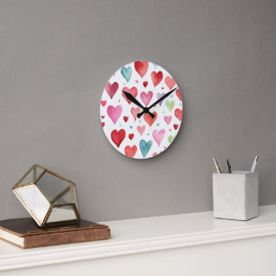 Waterverf Modern Rood Roze Blauw Hartpatroon Ronde Klok