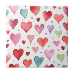 Waterverf Modern Rood Roze Blauw Hartpatroon Tegeltje