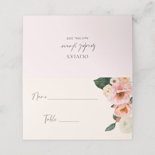 Waterverf Modern Roze Perzik Bloemige Bruiloftsdou Plaatskaartje (Buitenkant ongevouwen)