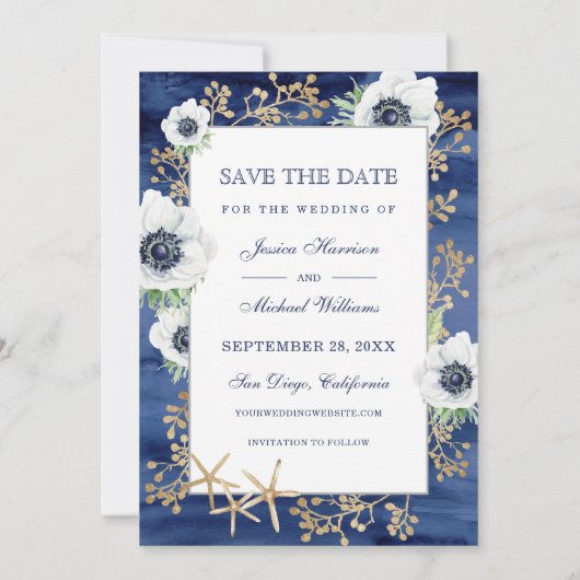 Waterverf Moderne, diepe blauwe annemonventilator Save The Date (Achterkant)