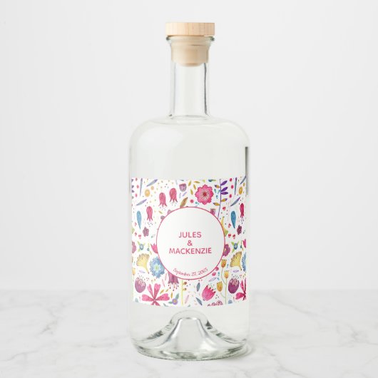 Waterverf Moderne Hedgerow Flowers Likeurfles Etiket (Voorkant)