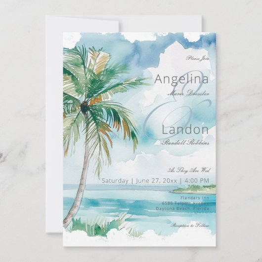 Waterverf Moderne Palmen & Strand Scène Bruiloft Kaart (Voorkant)