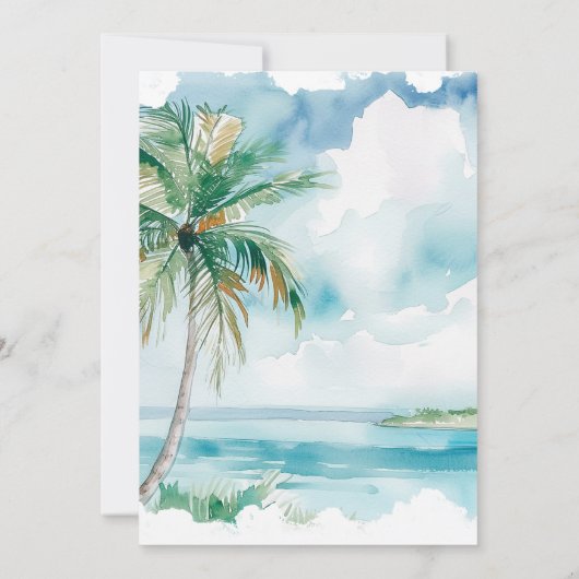 Waterverf Moderne Palmen & Strand Scène Bruiloft Kaart (Achterkant)