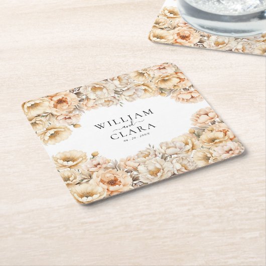 Waterverf moderne pioen pastel bloemenbruiloft kartonnen onderzetters (Schuin)