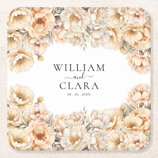 Waterverf moderne pioen pastel bloemenbruiloft kartonnen onderzetters (Voorkant)