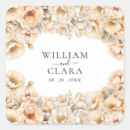 Waterverf moderne pioen pastel bloemenbruiloft vierkante sticker