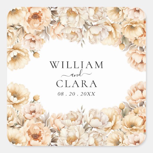 Waterverf moderne pioen pastel bloemenbruiloft vierkante sticker (Voorkant)