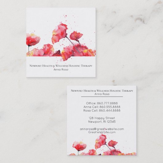 *~* Waterverf Moderne rode papaverbloem Vierkante Visitekaartje (Voorkant / Achterkant)
