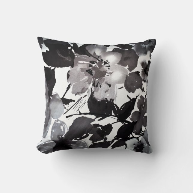 Waterverf moderne  zwarte florale bloem kussen (Voorkant)