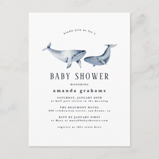 Waterverf Moeder Baby Whale Nautical Baby shower Uitnodiging Briefkaart (Voorkant)