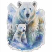 Waterverf Moeder en Baby Polar Beren Sticker (Voorkant)