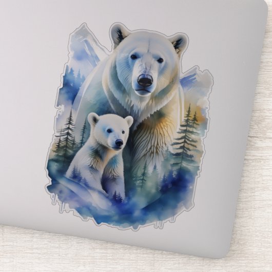 Waterverf Moeder en Baby Polar Beren Sticker (Detail)