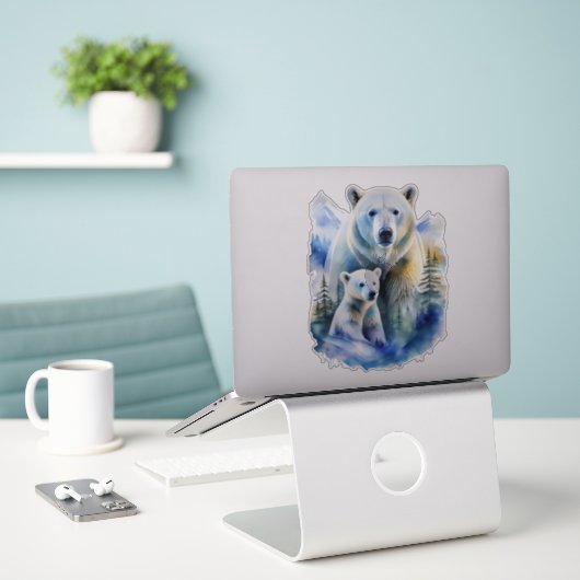 Waterverf Moeder en Baby Polar Beren Sticker (Laptop op bureau)