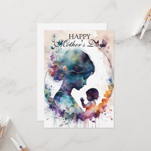 Waterverf moeder en kind silhouet kunst kaart (Voorkant / Achterkant in situ)