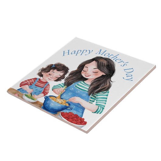 Waterverf moeder en kind voedsel prepping ontwerp tegeltje (Zijkant)