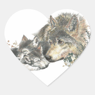 Waterverf Moeder Wolf & Cubaanse dierenkunst Hart Sticker