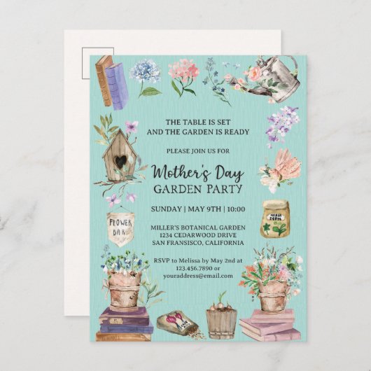 Waterverf Moederdag Floral Garden Party Uitnodiging Briefkaart (Voorkant / Achterkant)