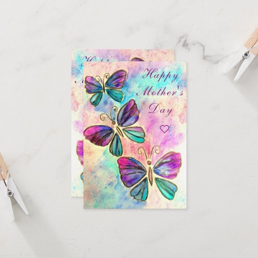 Waterverf Moederdag Kaart met Vlinders (Voorkant / Achterkant in situ)
