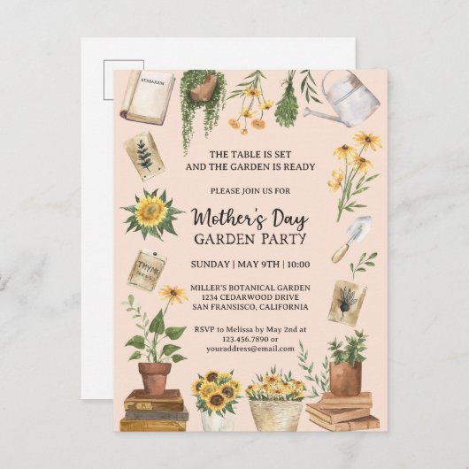 Waterverf Moederdag Zonnebloem Tuin Feest Inv Uitnodiging Briefkaart (Voorkant / Achterkant)