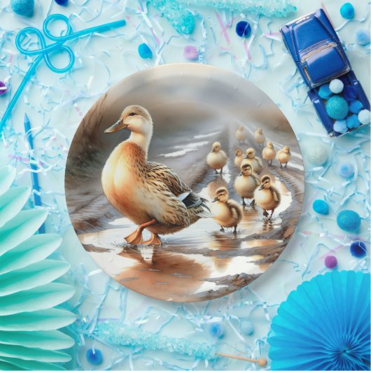 Waterverf moedereend met eendjes papieren bordje (Feest)