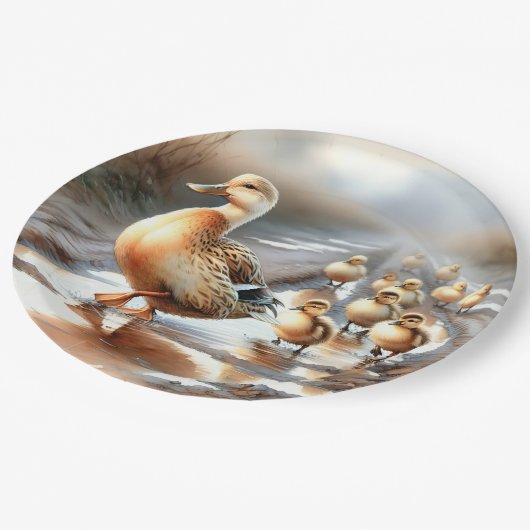 Waterverf moedereend met eendjes papieren bordje (Gekanteld)