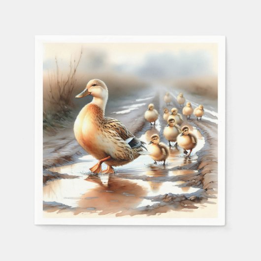 Waterverf moedereend met eendjes servet (Voorkant)