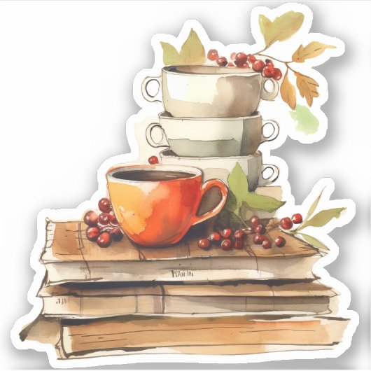 Waterverf Mokken, bessen en boeken Late Herfst Sticker (Voorkant)