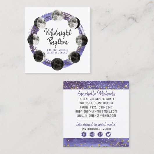 Waterverf Mon Lunar Cycle Night Sky Sociale Media Vierkante Visitekaartje (Voorkant / Achterkant)