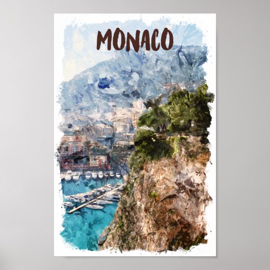 Waterverf Monaco Retro Travel Port Uitzicht Poster (Voorkant)