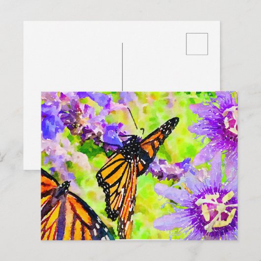 Waterverf Monarch Butterflies en Purple Flowers Briefkaart (Voorkant / Achterkant)