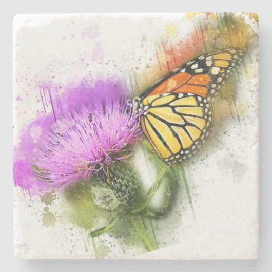 Waterverf Monarch Butterfly en Wilde bloem Stenen Onderzetter (Voorkant)
