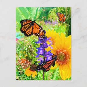 Waterverf Monarch Butterfly Sunflower Garden Briefkaart