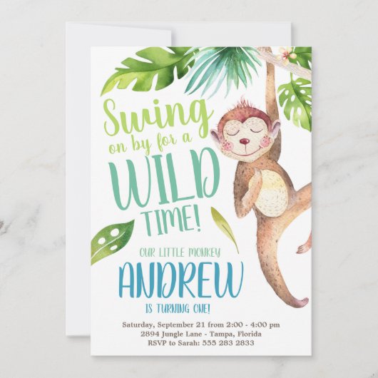 Waterverf Monkey Birthday Party Invitation Kaart (Voorkant)