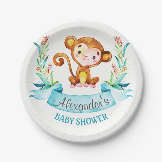 Waterverf Monkey Boy Baby shower Papieren Bordje (Voorkant)