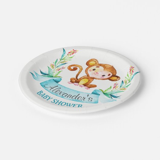 Waterverf Monkey Boy Baby shower Papieren Bordje (Gekanteld)
