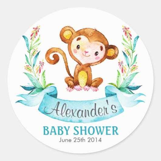 Waterverf Monkey Boy Baby shower Ronde Sticker (Voorkant)