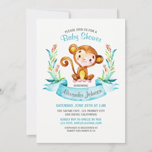 Waterverf Monkey Boy Baby shower Uitnodiging (Voorkant)