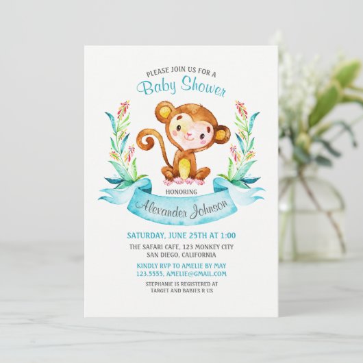 Waterverf Monkey Boy Baby shower Uitnodiging (Staand voorkant)
