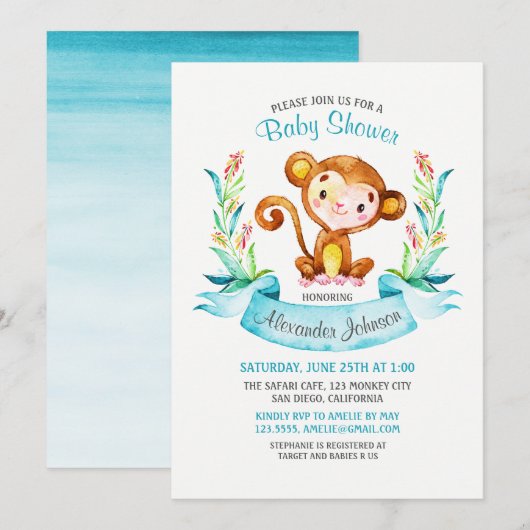 Waterverf Monkey Boy Baby shower Uitnodiging (Voorkant / Achterkant)