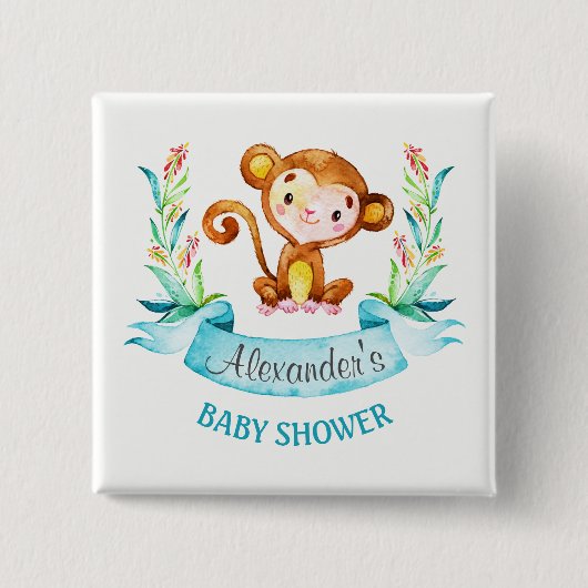 Waterverf Monkey Boy Baby shower Vierkante Button 5,1 Cm (Voorkant)