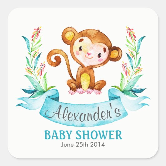 Waterverf Monkey Boy Baby shower Vierkante Sticker (Voorkant)