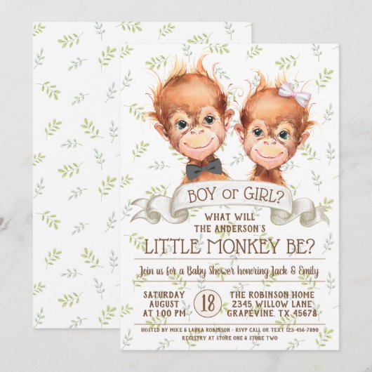 Waterverf Monkey Gender Reveal Kaart (Voorkant / Achterkant)
