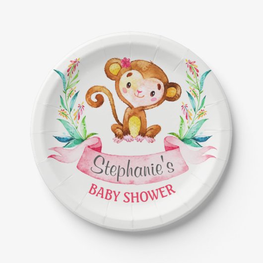Waterverf Monkey Girl Baby shower Papieren Bordje (Voorkant)